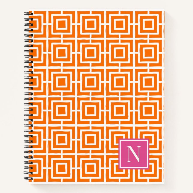 Preppy Square Lattice Monogram Orange Hot Pink Notebook (Front)
