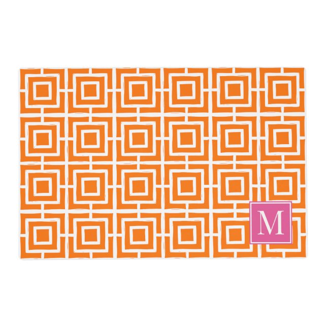 Preppy Square Lattice Monogram Orange & Hot Pink Placemat (Front)