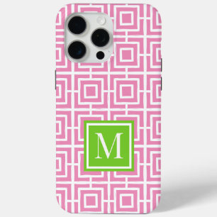 Preppy Square Lattice Monogram – Pink & Lime iPhone 15 Pro Max Case