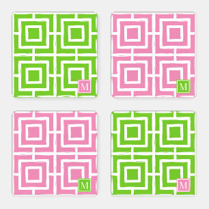 Preppy Square Lattice Monogram Pink & Lime Coaster Set