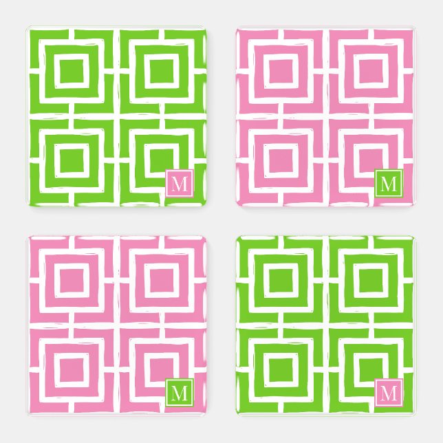 Preppy Square Lattice Monogram Pink & Lime Coaster Set (Set)