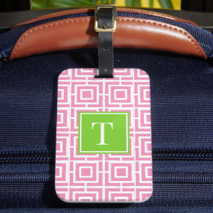 Preppy Square Lattice Monogram – Pink & Lime Luggage Tag