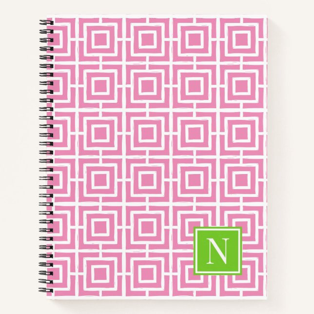 Preppy Square Lattice Monogram – Pink & Lime Notebook (Front)