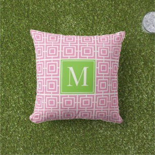 Preppy Square Lattice Monogram – Pink & Lime Outdoor Pillow