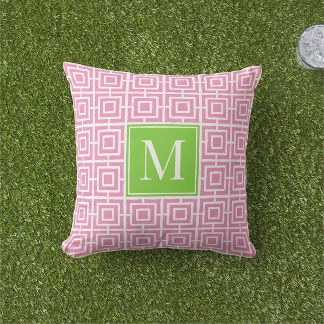 Preppy Square Lattice Monogram – Pink & Lime Outdoor Pillow (Grass)