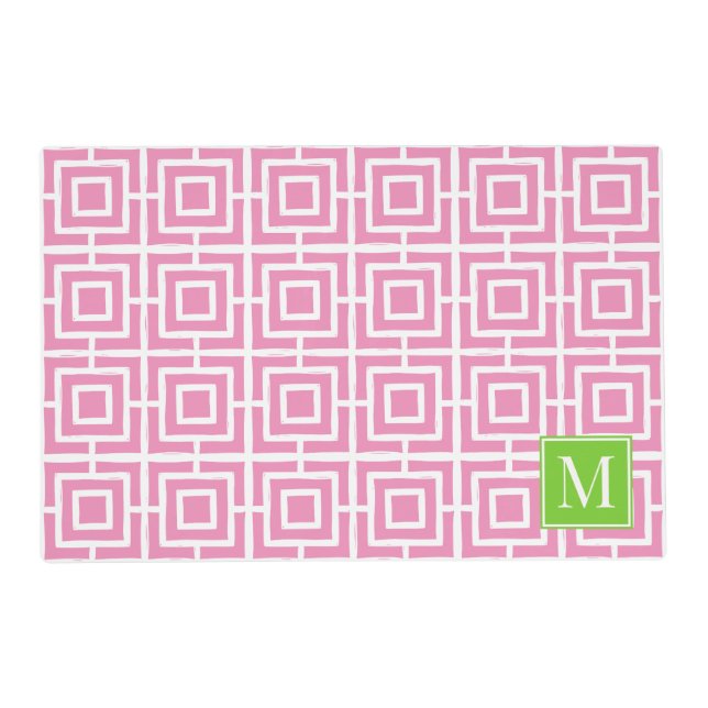 Preppy Square Lattice Monogram – Pink & Lime Placemat (Front)