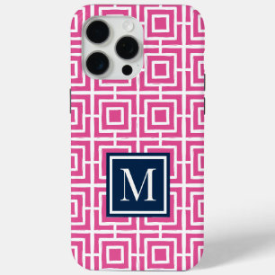 Preppy Square Lattice Monogram – Pink & Navy iPhone 15 Pro Max Case