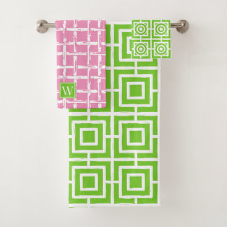 Preppy Square Lattice - Pink & Lime Green Monogram Bath Towel Set