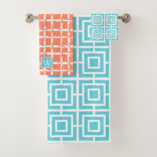 Preppy Square Lattice - Turq Coral Monogram Bath Towel Set