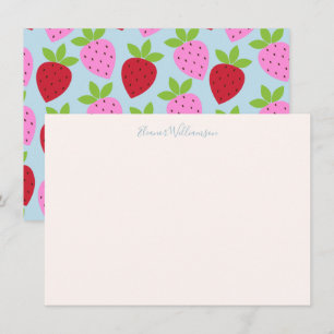 Preppy Strawberry Blue Personalized Stationery Note Card