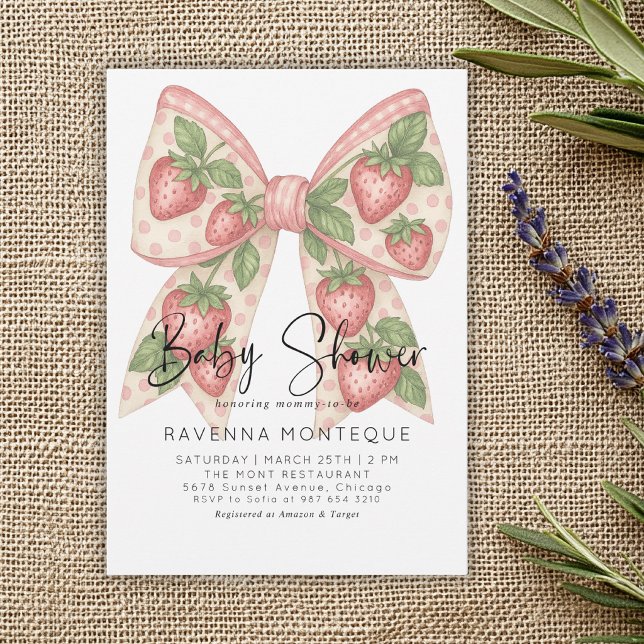 Preppy Strawberry Bow Personalized Baby Shower  Invitation (Creator Uploaded)