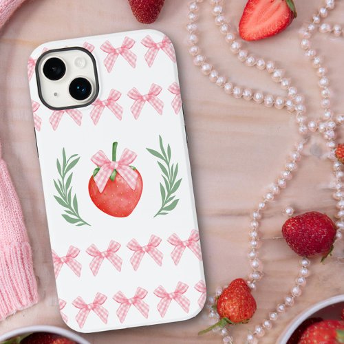 Preppy Strawberry Pink Gingham Bows Laurel Wreath Case_Mate iPhone 14 Plus Case