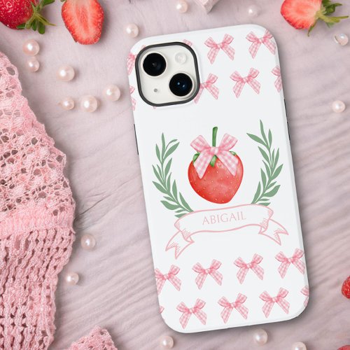 Preppy Strawberry Pink Gingham Bows Personalized Case_Mate iPhone 14 Plus Case