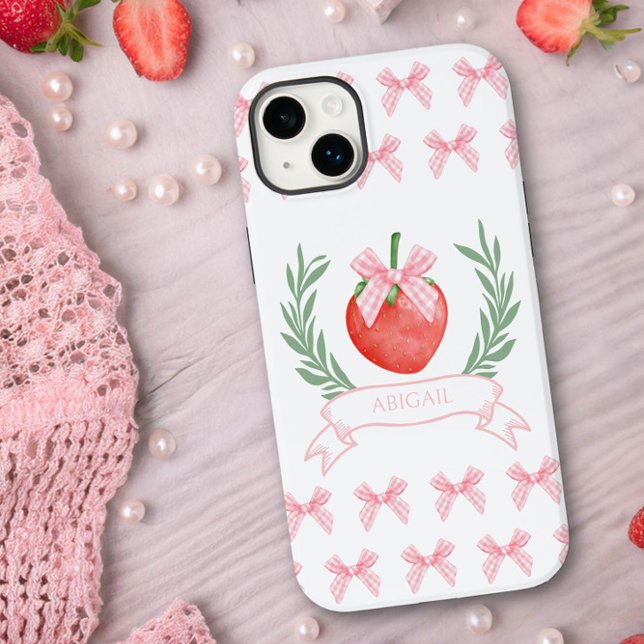 Preppy Strawberry Pink Gingham Bows Personalized Case-Mate iPhone Case (Personalized iphone case with pink gingham bows and strawberry logo by Darling and May)