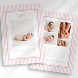 Preppy Stripe Monogram Photo Birth Announcement