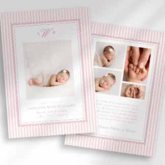Preppy Stripe Monogram Photo Birth Announcement