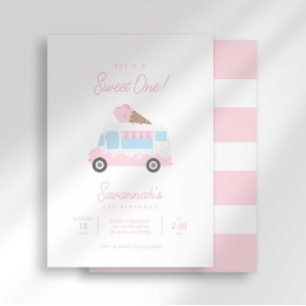 Preppy Stripe Sweet One Ice Cream Birthday Social Invitation