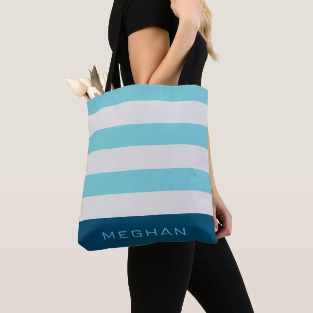 Preppy Striped Pastel Blue Monogram Tote Bag (Close Up)