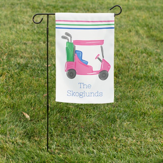 Preppy Striped Pink Golf Cart Name Garden Flag (In SItu)