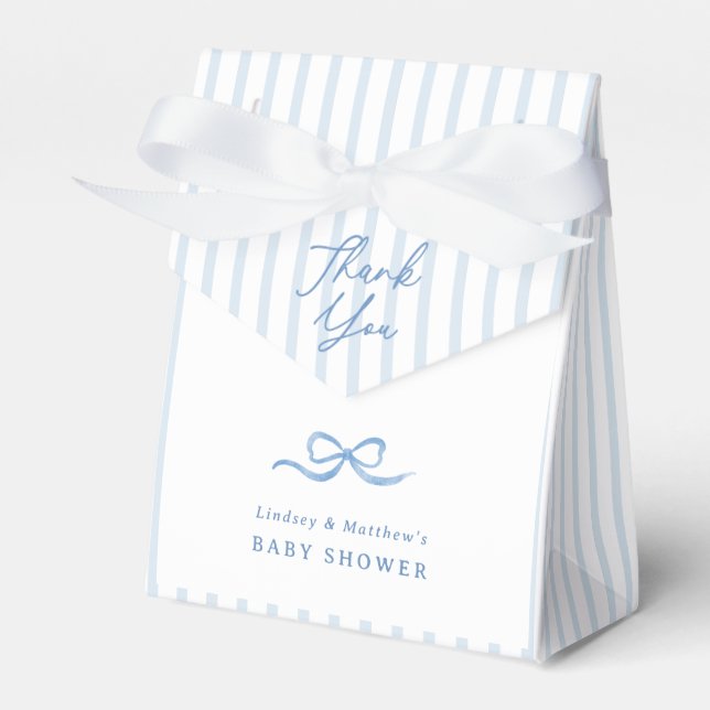 Preppy Stripes Blue Bow Baby Shower Favor Boxes (Front Side)