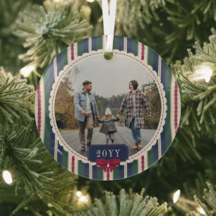 Preppy Stripes Burgundy Bow Round Photo Christmas Glass Ornament