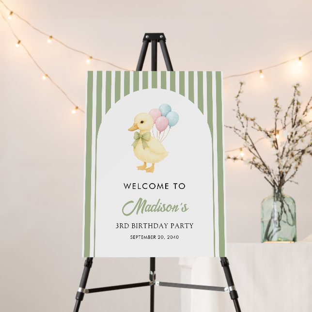 Preppy Stripes Cute Duck Kids Birthday Welcome  Foam Board (In Situ (Stand))