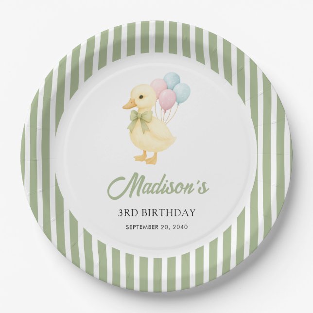 Preppy Stripes Cute Duck Theme Kids Birthday Party Paper Plates (Front)