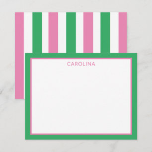 Preppy Stripes Cute Pink & Green +Stationery Note Card
