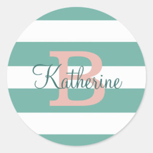 Preppy stripes mint and blush monogram Sticker