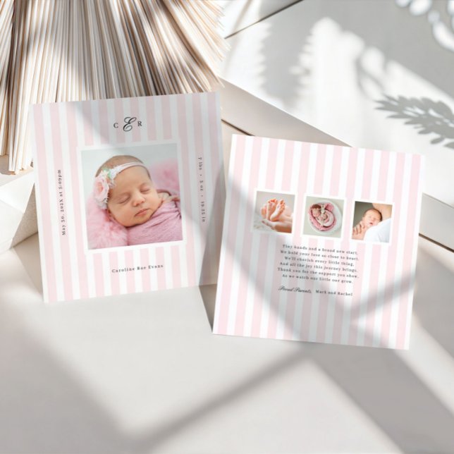 Preppy Stripes Monogram Photo Birth Announcement (Creator Uploaded)
