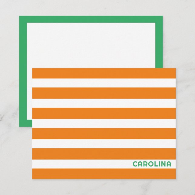 Preppy Stripes Orange & Bright Green Cute Girly Note Card (Front/Back)