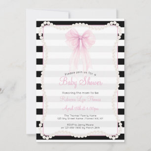 Preppy Stripes Pink Bow Pearls Baby Shower Invitation