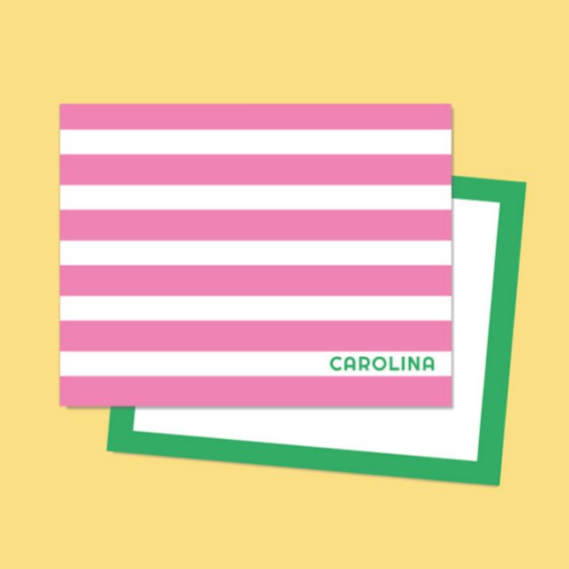 Preppy Stripes Pink & Bright Green Cute Girly Note Card (Creator Uploaded)