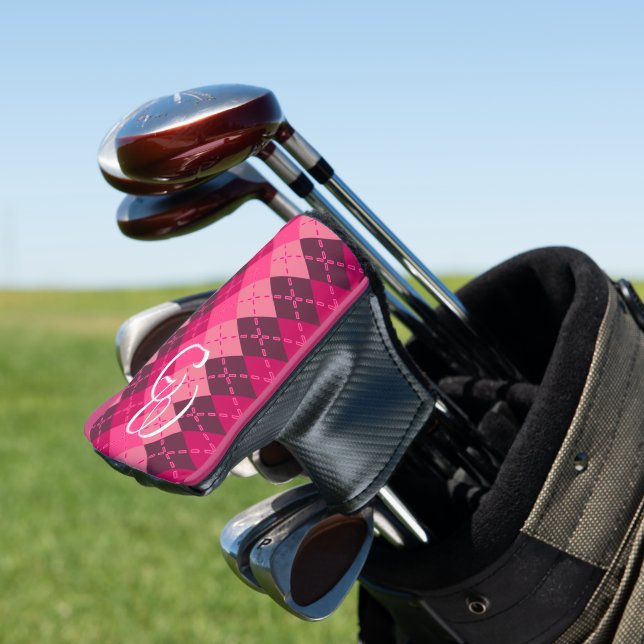 Preppy Stylish Monogrammed Pink Argyle Golf Head Cover (In Situ)