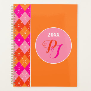 Preppy Stylish Pink Orange Argyle Custom Monogram Planner