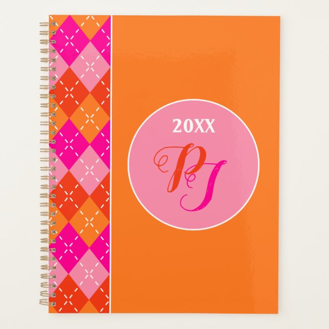 Preppy Stylish Pink Orange Argyle Custom Monogram Planner (Front)