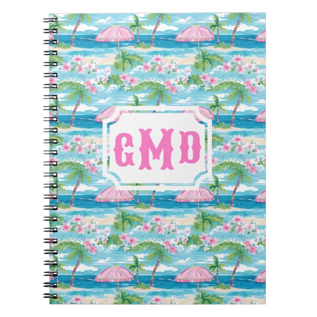 Preppy Summer Beach Umbrella | Monogram Notebook (Front)