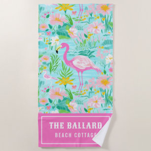 Preppy Summer Flamingo Beach House Beach Towel
