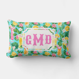 Preppy Summer Tropical Cocktails Monogram Lumbar Pillow
