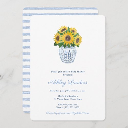 Preppy Sunflowers Blue And White Vase Baby Shower Invitation