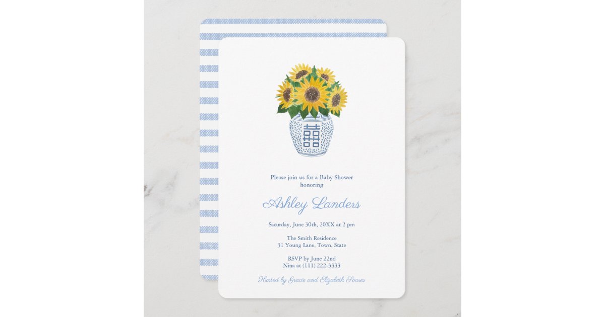 Preppy Sunflowers Blue And White Vase Baby Shower Invitation Zazzle Com