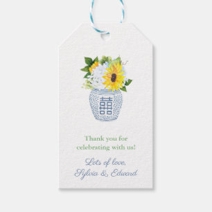 Preppy Sunflowers Blue & White Vase Baby Shower Gift Tags