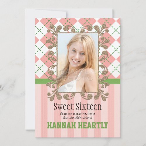 Preppy Sweet 16 Invitations Pink and Green