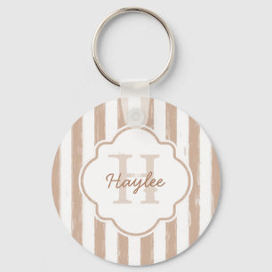 Preppy Tan Painted Stripes Monogram and Name Keychain