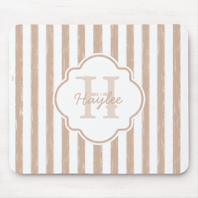 Preppy Tan Painted Stripes Monogram and Name Mouse Pad (Front)