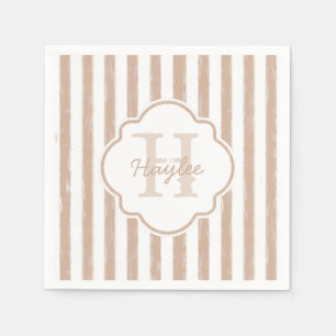 Preppy Tan Painted Stripes Monogram and Name Paper Napkins
