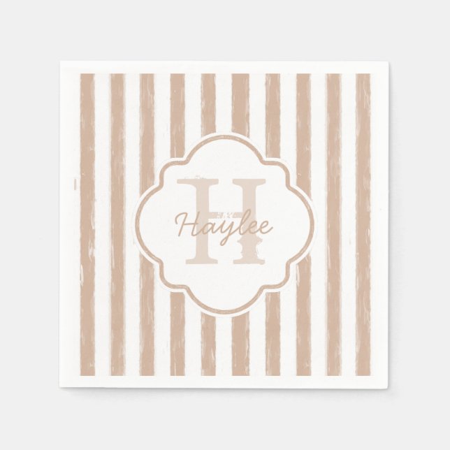 Preppy Tan Painted Stripes Monogram and Name Paper Napkins (Front)