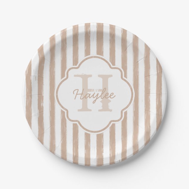Preppy Tan Painted Stripes Monogram and Name Paper Plates (Front)