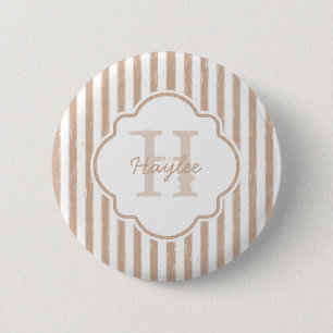 Preppy Tan Painted Stripes Monogram and Name Pinback Button