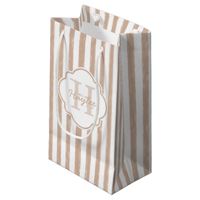 Preppy Tan Painted Stripes Monogram and Name Small Gift Bag (Front Angled)